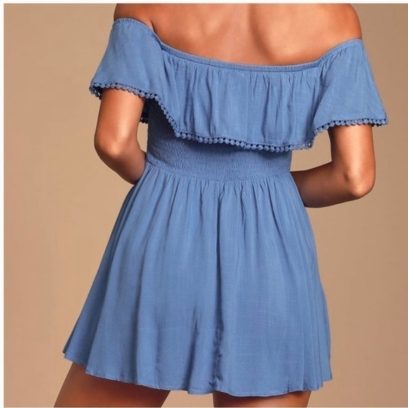 Lulu’s Off The Shoulder Blue Romper - Picture 2 of 7